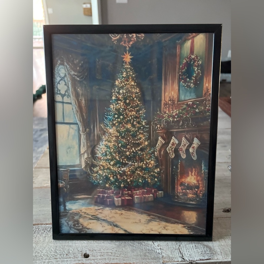 Classic Christmas Tree Fireplace Scene Framed Print 8x10 - Cozy Holiday Decor